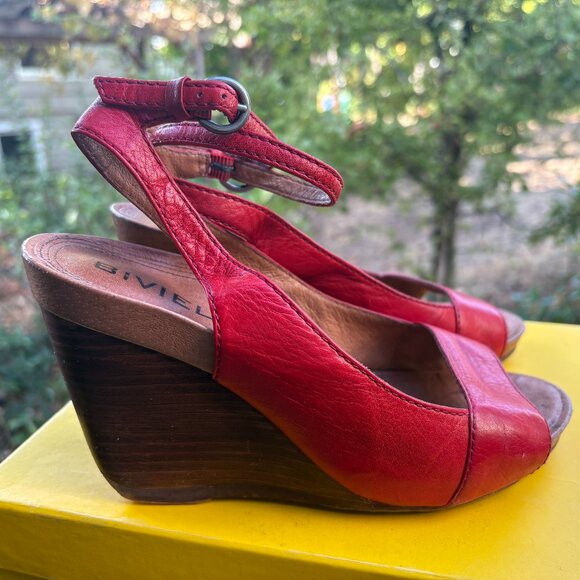 Biviel Red Leather Ankle Strap Wedge Shoes - Picture 1 of 5